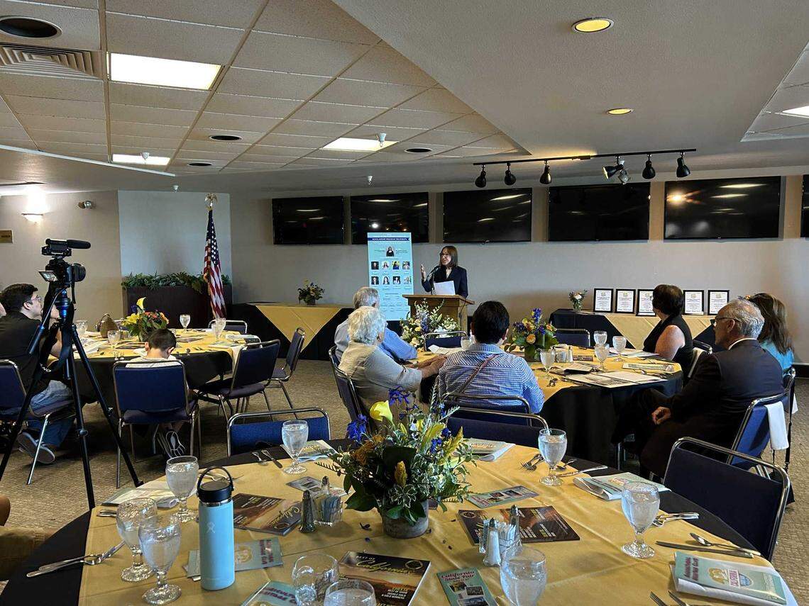 Lt. Gov. Eleni Kounalakis speaks during a California Agricultural Heritage Club induction luncheon on Wednesday. She called the agriculture industry “a source of pride, culture and identity for our state.”