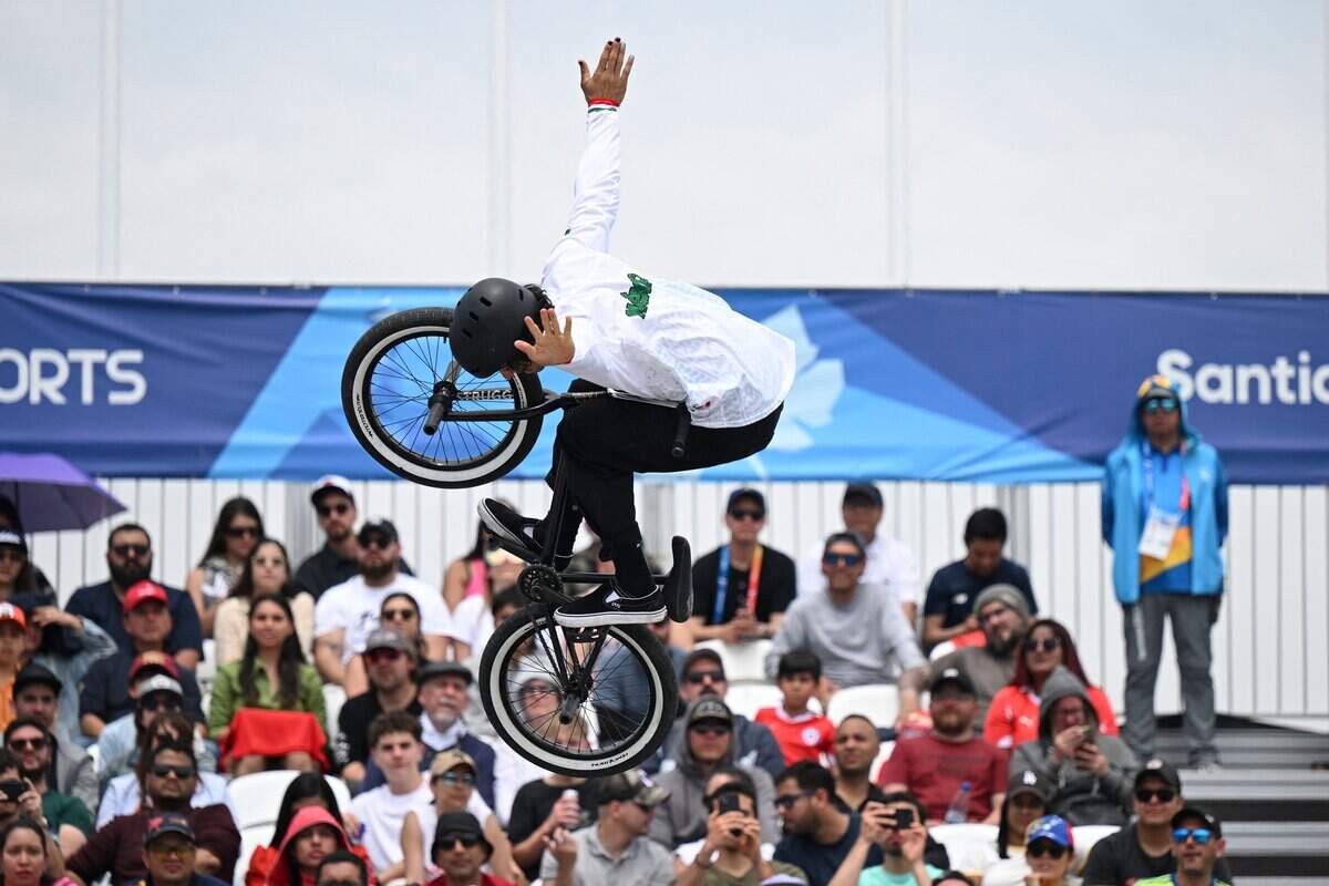 Mexico's Kevin Peraza competes during the men's BMX freestyle final of the Pan American Games Santiago 2023 at the Urban Sports Esplanade in the National Stadium Sports Park in Santiago on November 5, 2023. (Photo by RAUL ARBOLEDA / AFP) (Photo by RAUL ARBOLEDA/AFP via Getty Images)