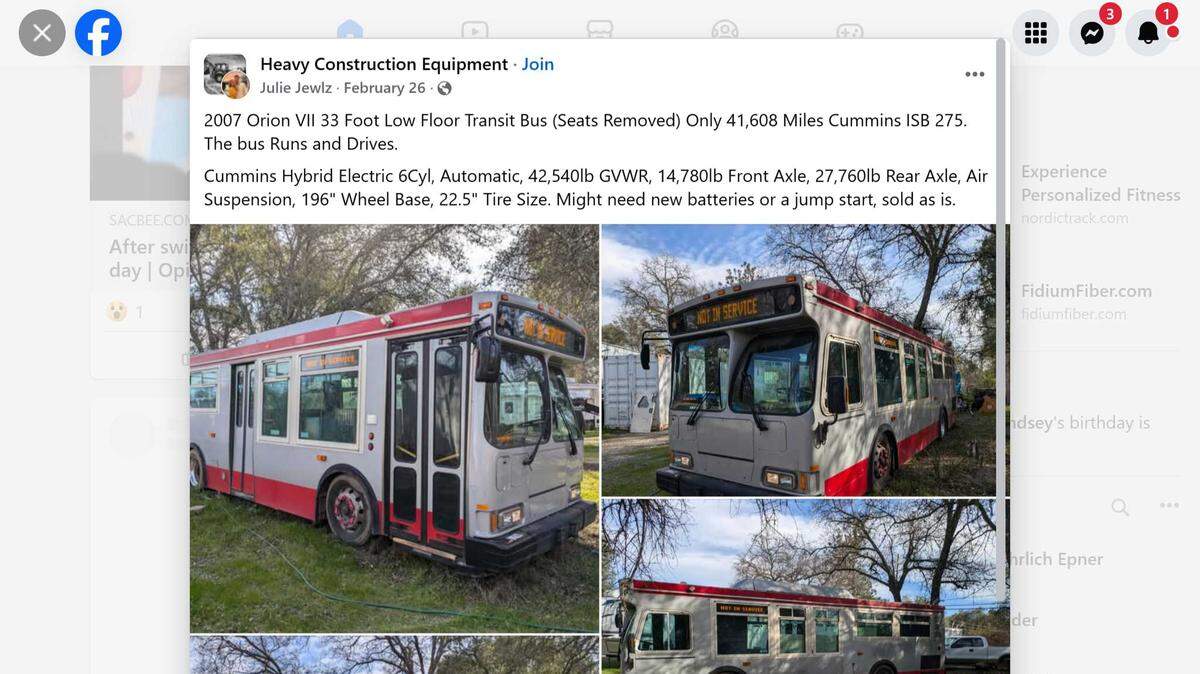A 2007 bus formerly owned and operated by San Francisco’s Muni system is for sale in Sacramento, according to a Facebook Marketplace post. The electric hybrid vehicle, which has no passenger seats, has an asking price of $7,997.
