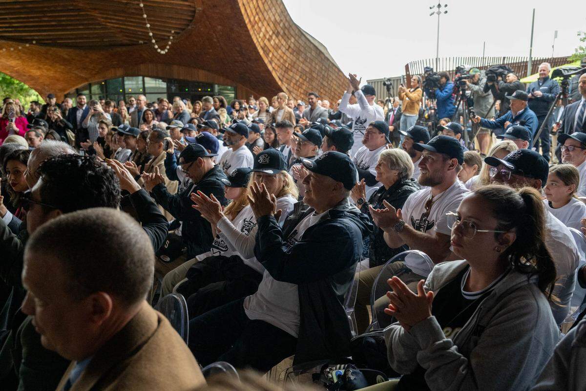 Supporters applaud as Sacramento regional leaders announce the region’s bid to secure a Major League Baseball expansion team during a news conference at Drake's The Barn in West Sacramento on Thursday, May 28, 2026.
