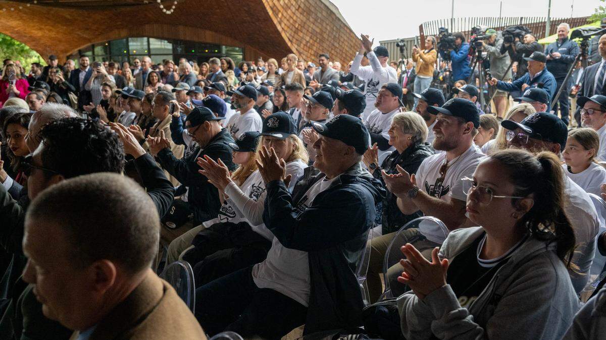 Supporters applaud as Sacramento regional leaders announce the region’s bid to secure a Major League Baseball expansion team during a news conference at Drake's The Barn in West Sacramento on Thursday, May 28, 2026.