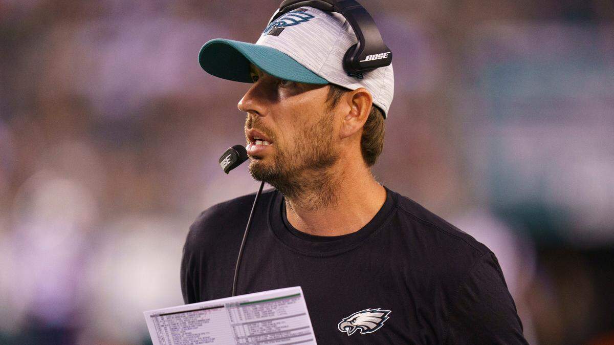 Philadelphia Eagles offensive coordinator Shane Steichen looks on during the NFL football game against the New England Patriots, Thursday, Aug. 19, 2021, in Philadelphia. (AP Photo/Chris Szagola)