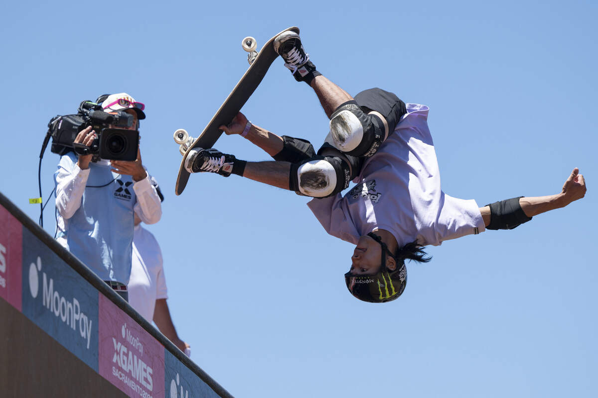 Moto Shibata, of Japan, competes in the Moonpay Men’s Skateboard Vert final as a part of X Games Sacramento at Cal Expo in Sacramento on Sunday, June 28, 2026.