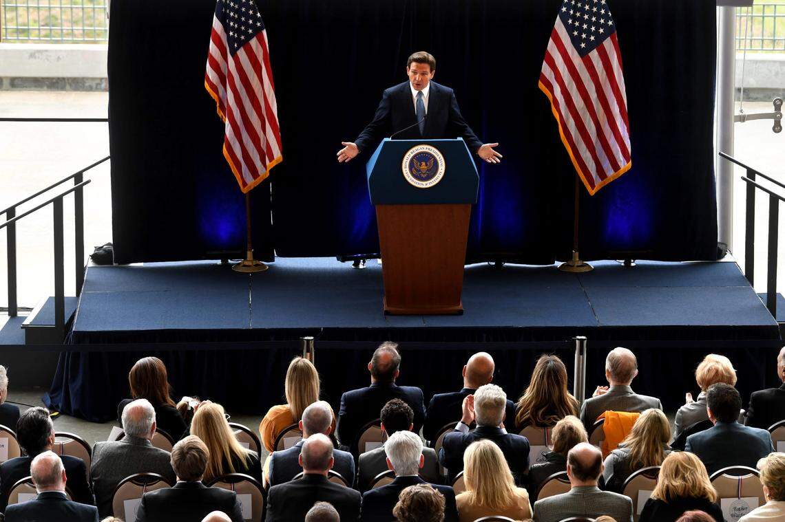 Florida Gov. Ron DeSantis speaks at the Ronald Reagan Presidential Library’s scenic Air Force One Pavilion on Sunday.
