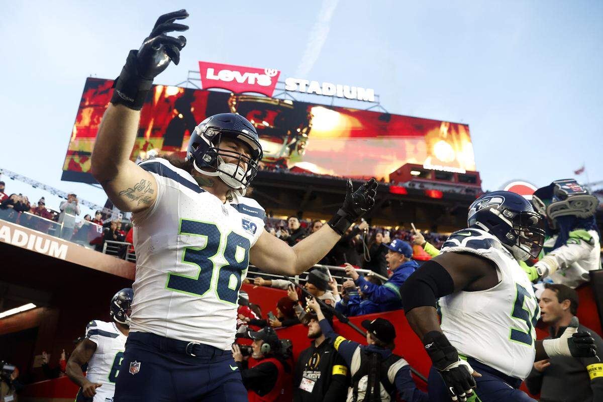 SANTA CLARA, CALIFORNIA - JANUARY 03: Brady Russell #38 of the Seattle Seahawks walks out of the tunnel before the game against the San Francisco 49ers at Levi's Stadium on January 03, 2026 in Santa Clara, California. (Photo by Lachlan Cunningham/Getty Images)