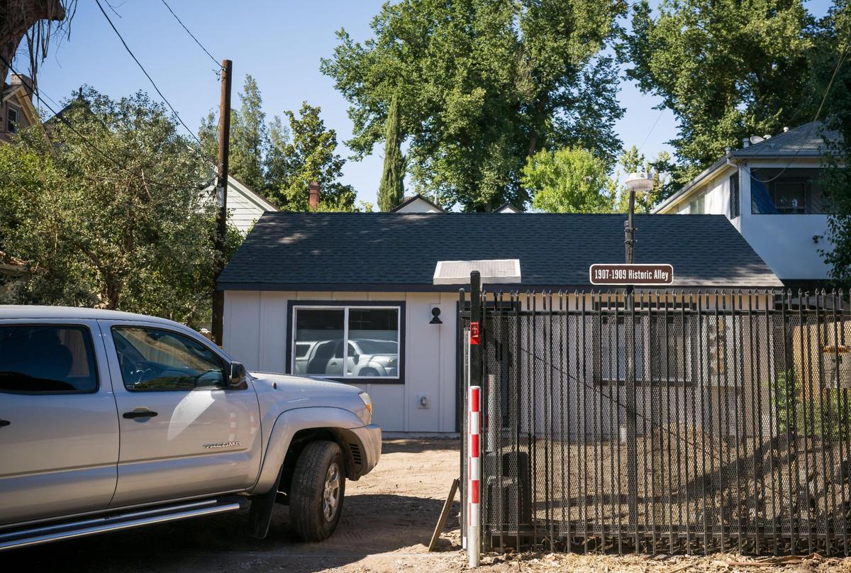 One of the two ADUs&nbsp;— accessory dwelling units — being built on a midtown parcel by Anchored Tiny Homes stands earlier this month in Sacramento.