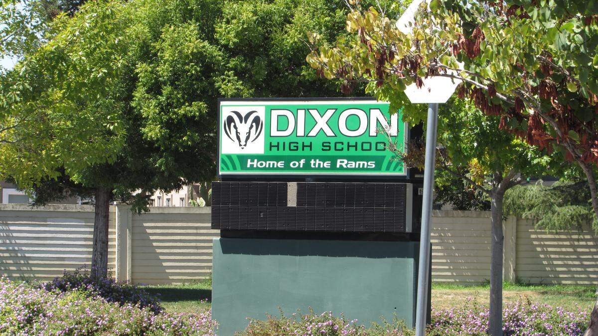A sign outside Dixon High School is seen on Aug. 22, 2022.