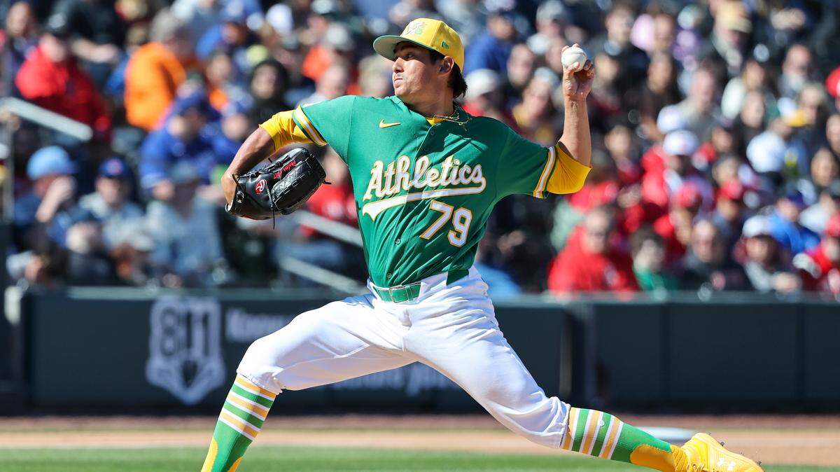 Gage Jump of the Athletics throws a pitch against the Los Angeles Angels in the first inning of a spring training game at Las Vegas Ballpark on March 7. Jump was reportedly called up from the minors Tuesday by the A’s and will make his MLB debut this week.