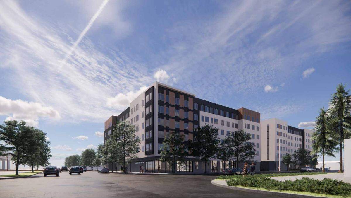 A rendering of a planned development at 1901 Broadway in Sacramento for a mixed-use residential building called “On Broadway Apartments.”