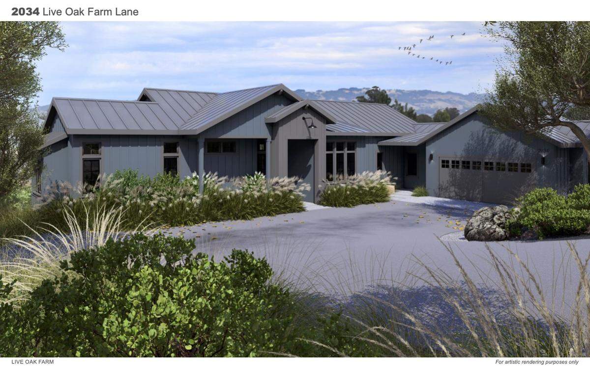 A rendering of the exterior of a home in the Live Oak Farm agrihood in Petaluma, California.