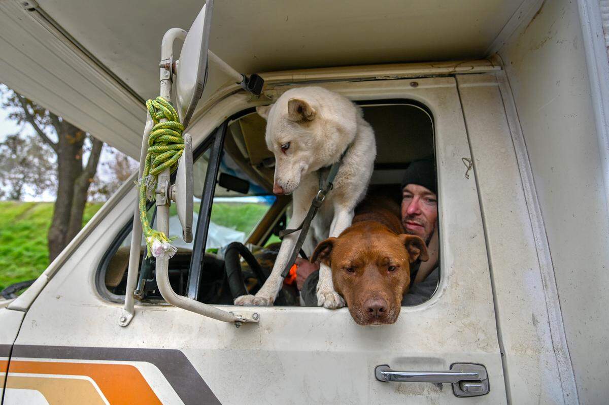 Steve Chadwick Beebe helps move a friends RV with his dogs Hope and Patrick after moving his own van as city crews clear vehicles and trailers along Lathrop Way on Monday, Dec. 6, 2021.