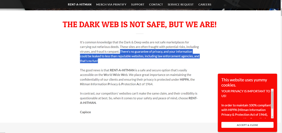 The homepage of “rentahitman.com.”