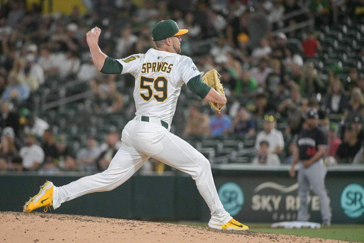 Athletics pitcher Jeffrey Springs (59) throws Wednesday against the Minnesota Twins at Sutter Health Park. Springs had seven strikeouts but gave up four runs, including a two-run homer to Harrison Bader, in 6 2/3 innings of relief in the A’s ninth straight loss.