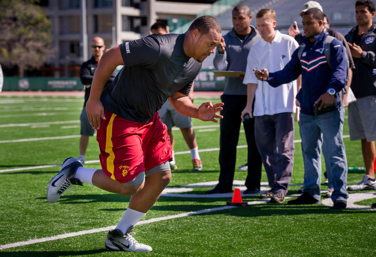 Armond Armstead sprints during a NFL Pro Day workout at Sacramento State in April 2012. Armond, older brother of 49ers star Arik Armstead, went undrafted and retired at age 23 due to health problems.