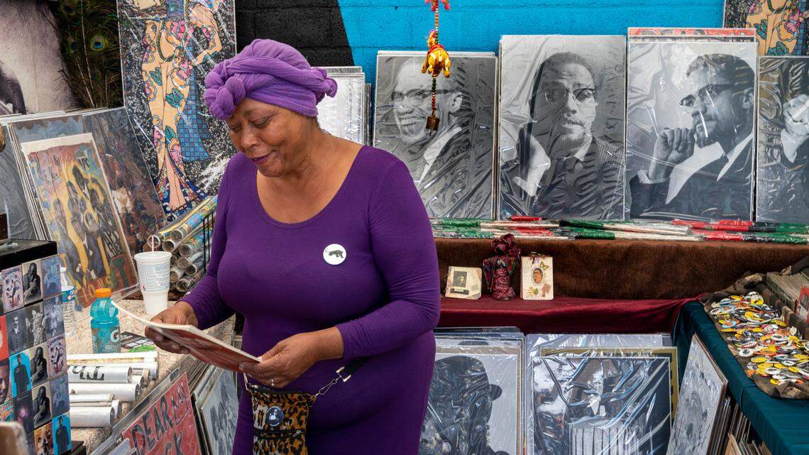 Cynthia Swift, of the Black Panther Party, is a business owner from Reno who traveled to be a part of the first Malcolm X Festival on Saturday, May 22, 2021, in North Sacramento, selling posters of him in her booth. Malcolm X often talked about the importance of Black-owned businesses in the Black community. The inaugural event honored six local Black business owners.