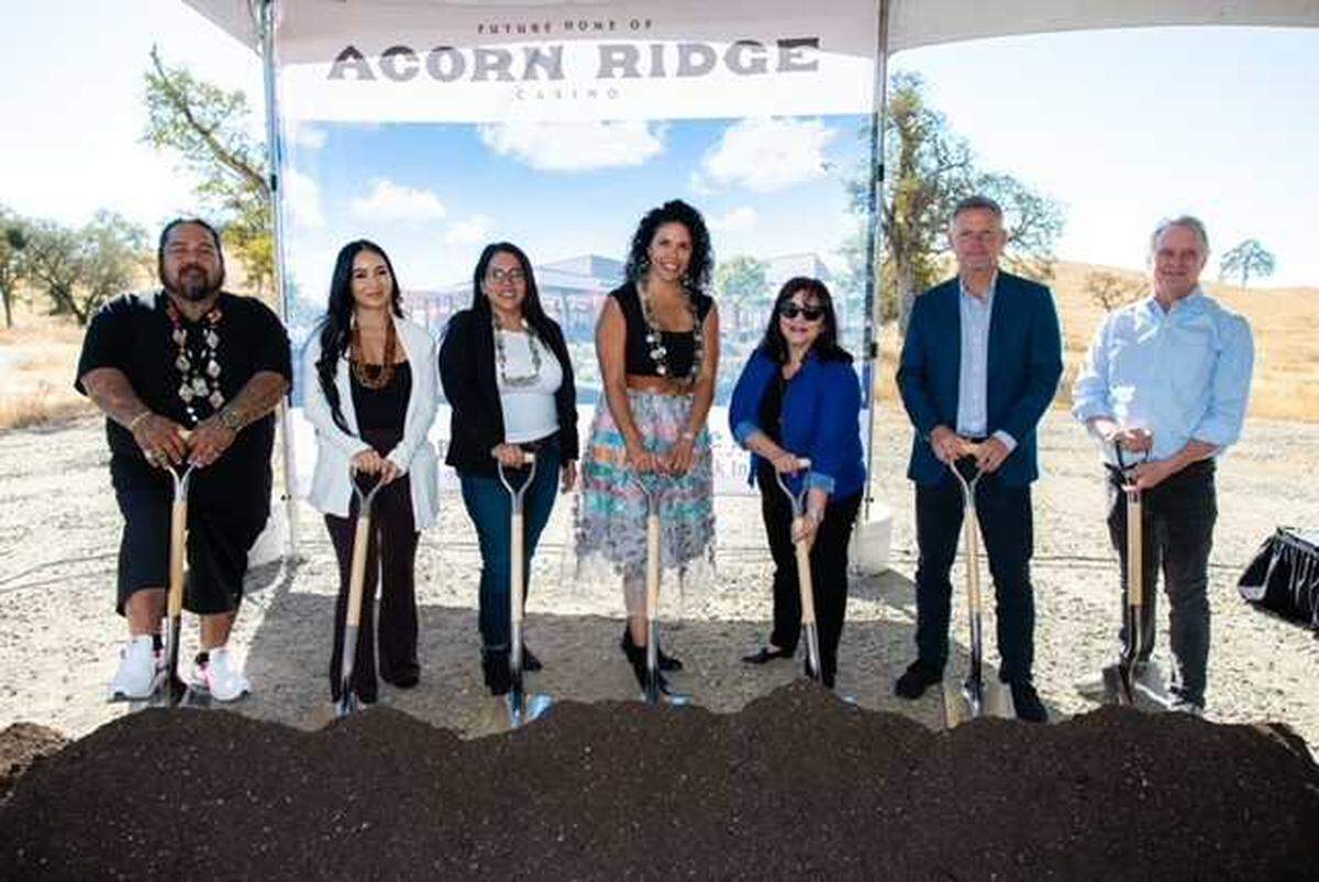 Members of the Ione Miwok Band of Indians break ground Thursday, Oct. 24, 2024, on Acorn Ridge Casino, a new gaming attraction near Plymouth in Amador County. The tribe says the new casino is expected to stimulate the local economy by creating more than 250 jobs.