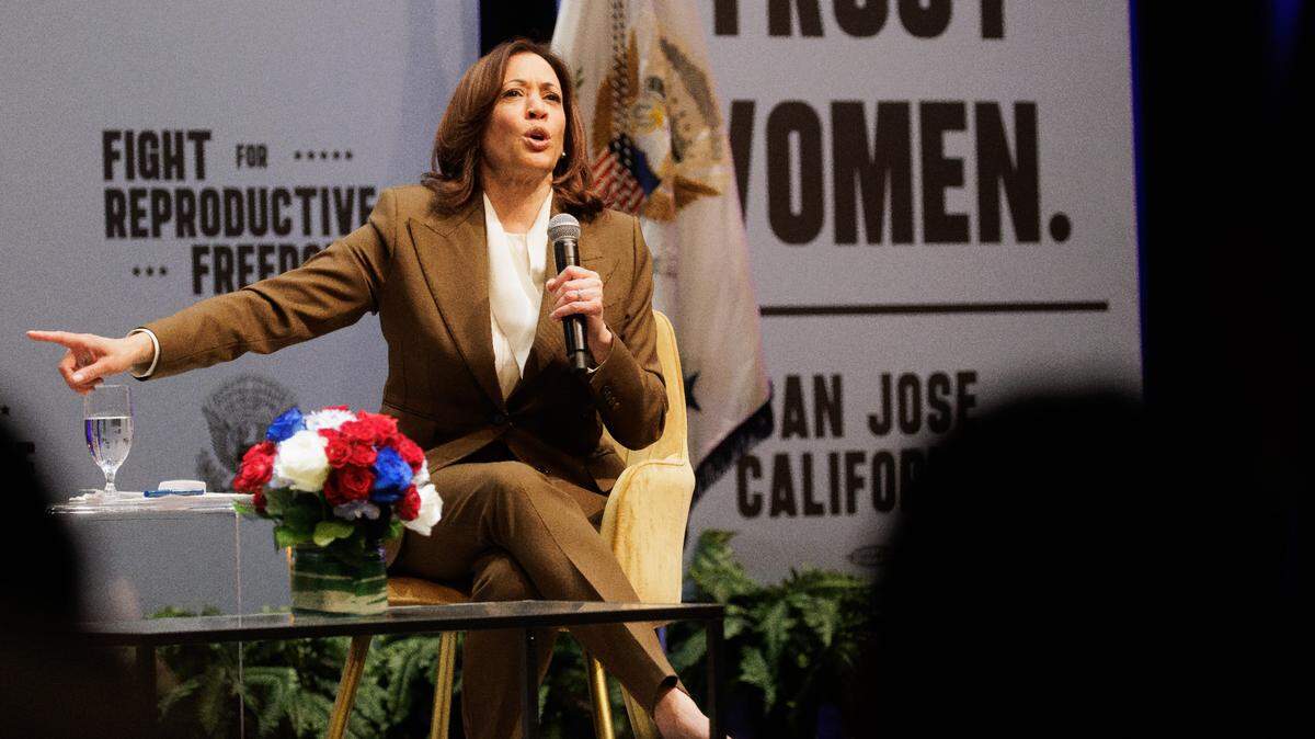 Vice President Kamala Harris speaks at Mexican Heritage Plaza in San Jose during her nationwide “Fight for Reproductive Freedoms” tour event on Monday.