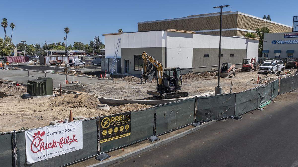 Work is underway on Tuesday at the location of a new Chick-fil-A at Country Club Plaza in Arden Arcade.