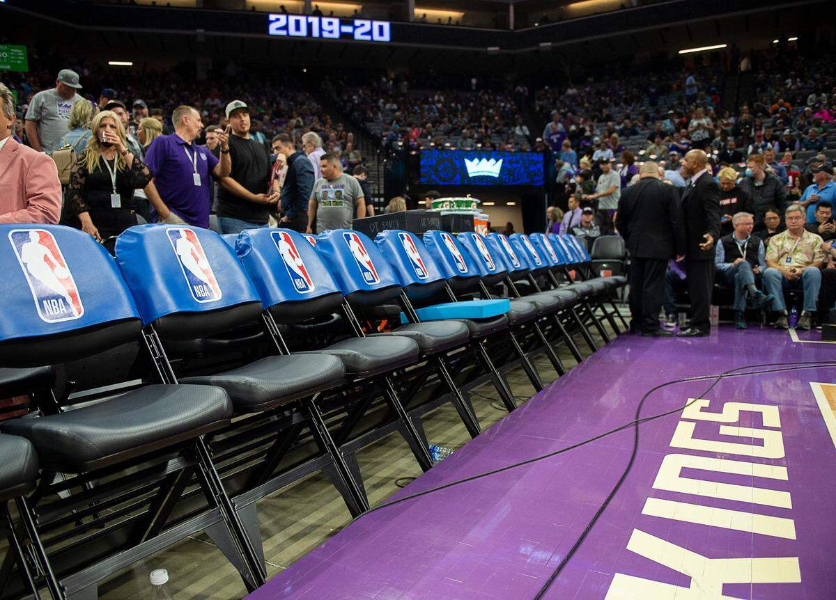 The Sacramento Kings bench is empty at Golden 1 Center on Wednesday, March 11, 2020 in Sacramento as the NBA suspends season after Jazz’s Rudy Gobert tests positive for coronavirus.