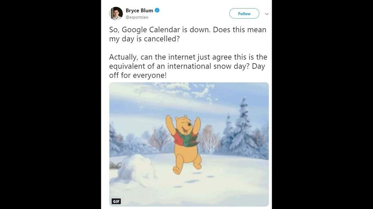 An outage Tuesday morning of the Google Calendar online app unleashes an avalanche of humorous Twitter posts, with some declaring a day off and others complaining of not knowing where to go next.