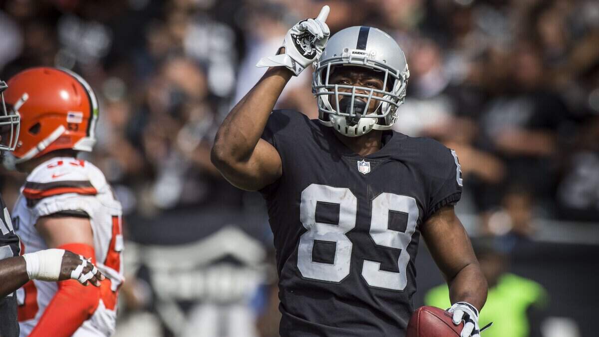 Raiders wide receiver Amari Cooper (89) celebrates a touchdown against the Cleveland Browns at the Coliseum on Sept. 30, 2018.