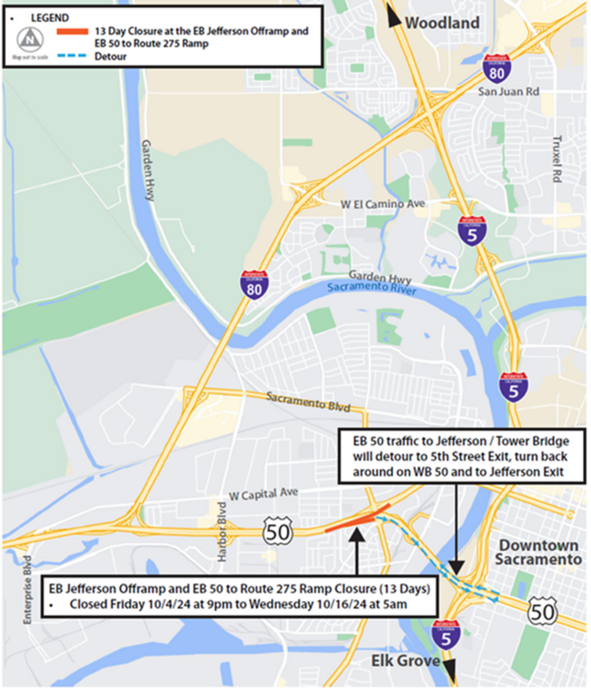 The Highway 50 eastbound exit ramp to Jefferson Boulevard and downtown Sacramento will be closed until Oct. 16.