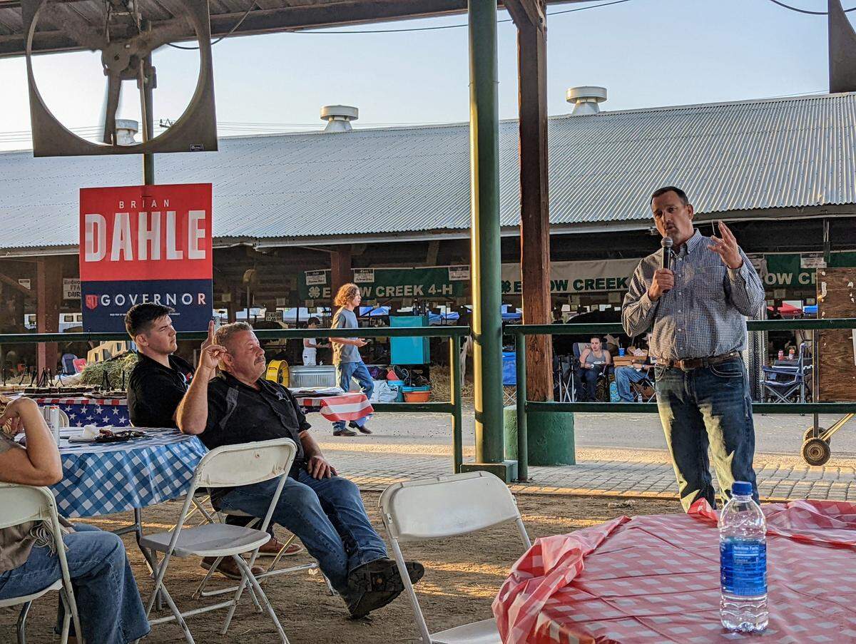 Gubernatorial candidate and state Sen. Brian Dahle, R-Bieber, speaks to voters at the Tulare County Fair.