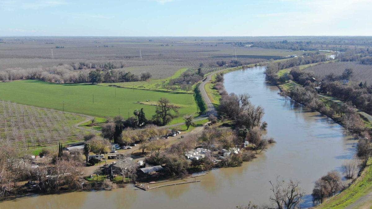 Lovey’s Landing RV Park, north of Meridian, is seen in an aerial drone photo from Monday. Authorities in Sutter County say a 44-year-old resident of the trailer park smothered her son to death after authorities found the 11-year-old’s body on Sunday.