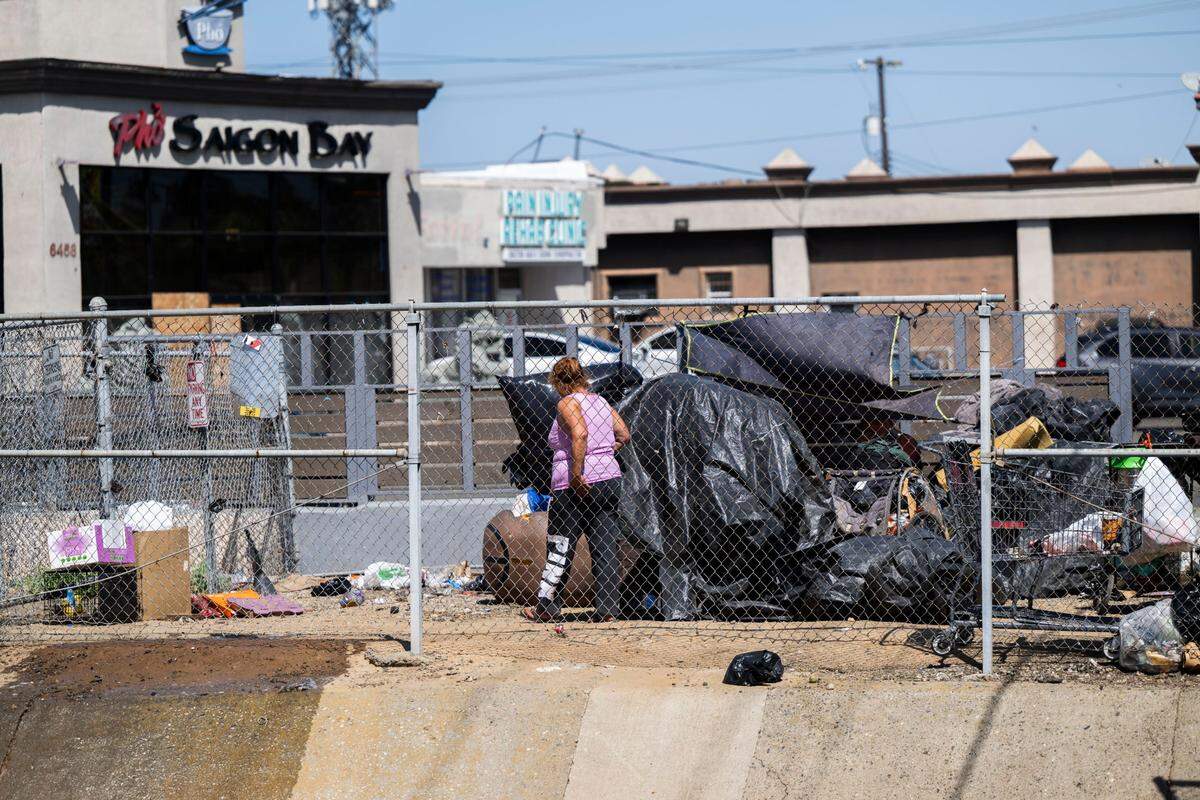 Patricia Houlden, who said she has been homeless for 13 years, walks in her camp on Stockton Boulevard after a nearby press conference in support of Assembly Bill 1435 on Monday, April 21, 2025. The bill would create a tax credit, allowing businesses to deduct expenses for cleaning up encampments and illegal dumping. Houlden said that she agrees with the idea because business owners shouldn’t have to pay out of their own pocket to “clean up after grown adults.”