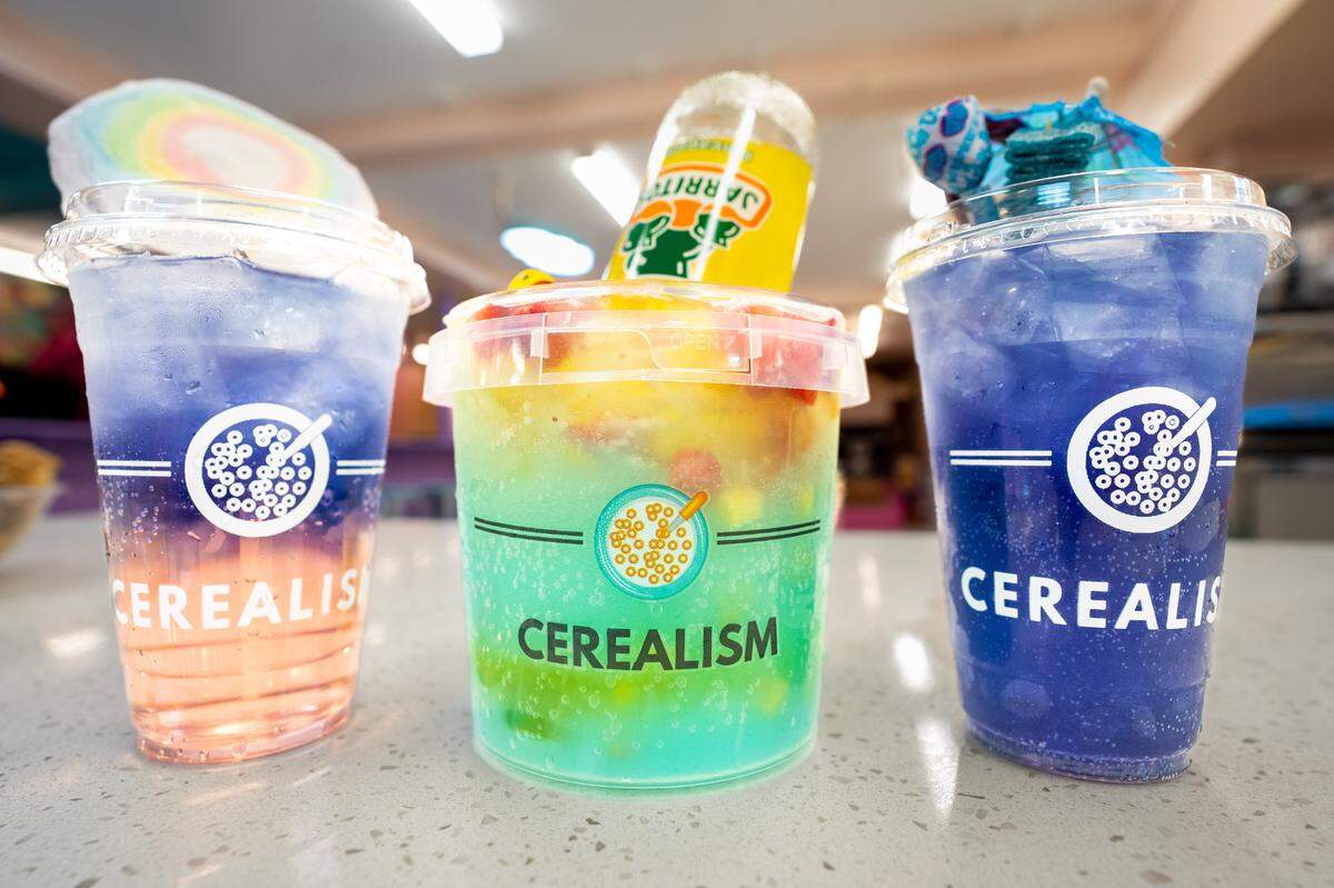 Mermaid juice lotus energy, left, sand bucket drink, middle, and twilighlight galaxy lotus energy, right, are some of the drinks offered at Cerealism.