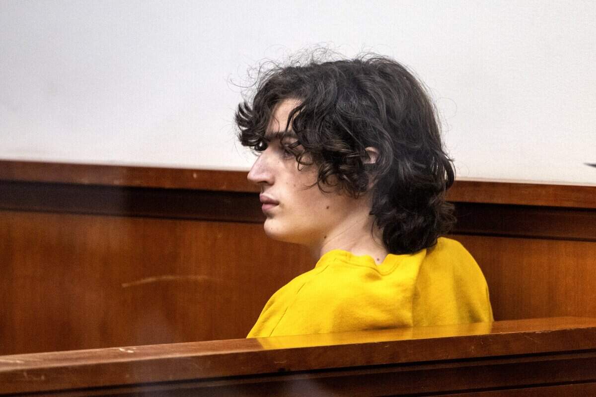 Bradley Sayer, the suspect in the Butte County Library shooting, appears for an arraignment hearing on Thursday at the Butte Superior Court in Oroville. Sayer, 18, is charged with two counts of murder.