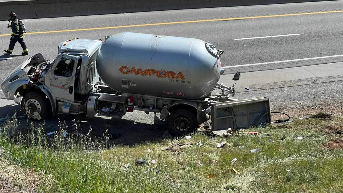 Authorities on Monday afternoon March 14, 2022, closed Interstate 80 in both directions due a possible gas leak after a truck hauling a propane tank overturned between Auburn and Colfax, California.