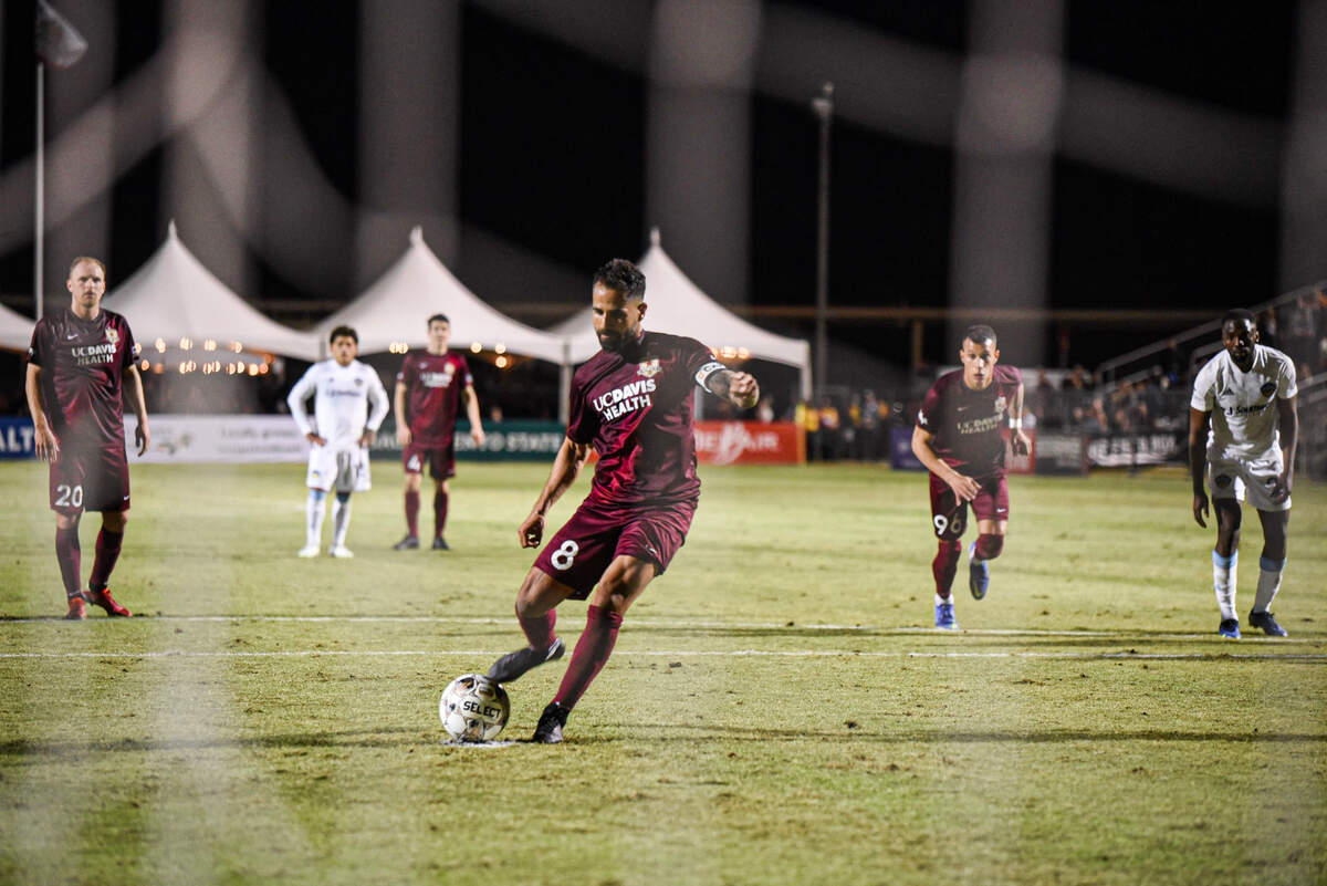 Rodrigo Lopez takes a penalty kick during a 3-1 win over El Paso on Saturday, March 12, 2022.