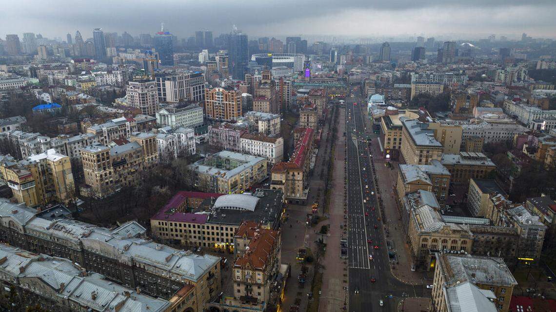 This photo shows a view of the city of Kyiv, Ukraine, Thursday, Feb. 24, 2022.