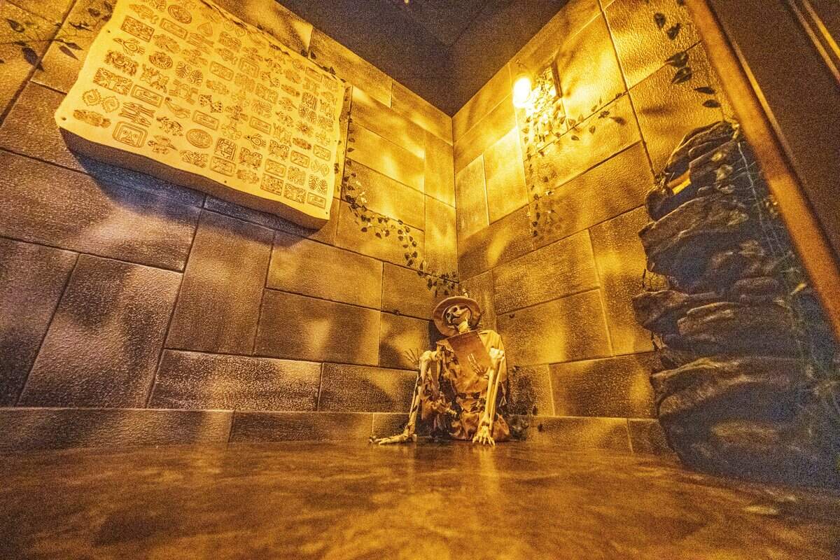 A skeleton decorates the floor of the “Lost City” room of Escapology, a new escape room business in Sacramento's Downtown Commons, on Wednesday. Players at the venue must solve puzzles, riddles and clues to escape one of nine themed rooms in a 60-minute time limit.