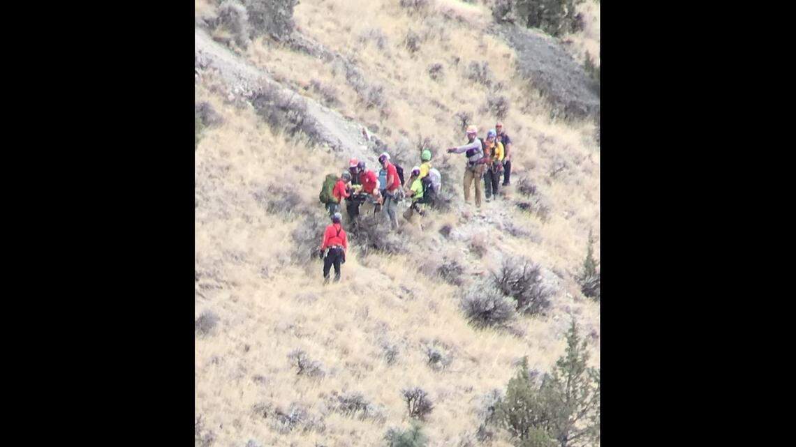 A volunteer rescue team training Saturday, Sept. 17, at Smith Rock State Park ended up conducting a real rescue when a climber in the park fell 50 feet, Oregon officials say.
