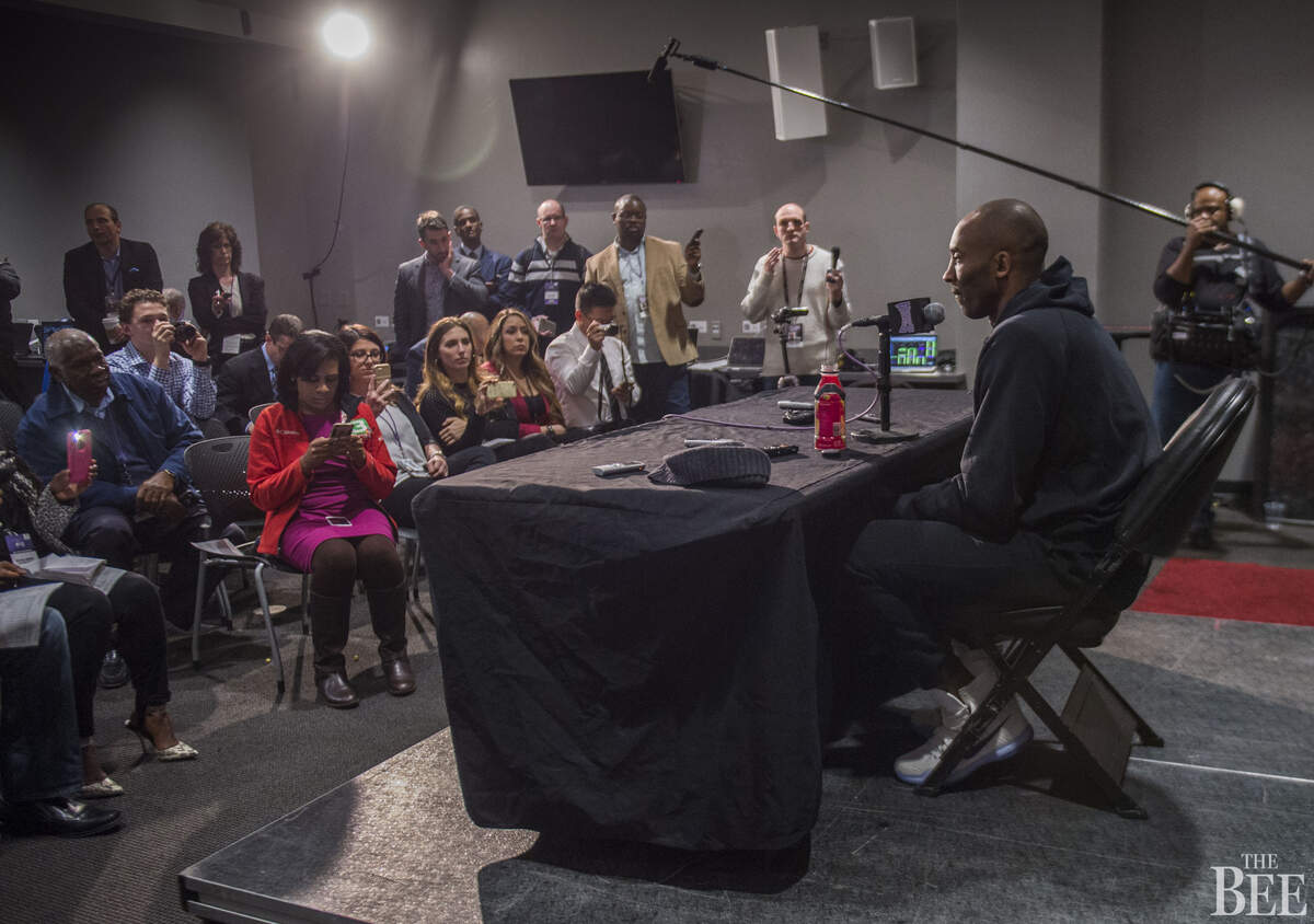 Los Angeles Lakers forward Kobe Bryant (24) talks during a press conference following his team’s 118-115 loss against the Sacramento Kings on Thursday, Jan. 7, 2016 at Sleep Train Arena in Sacramento.