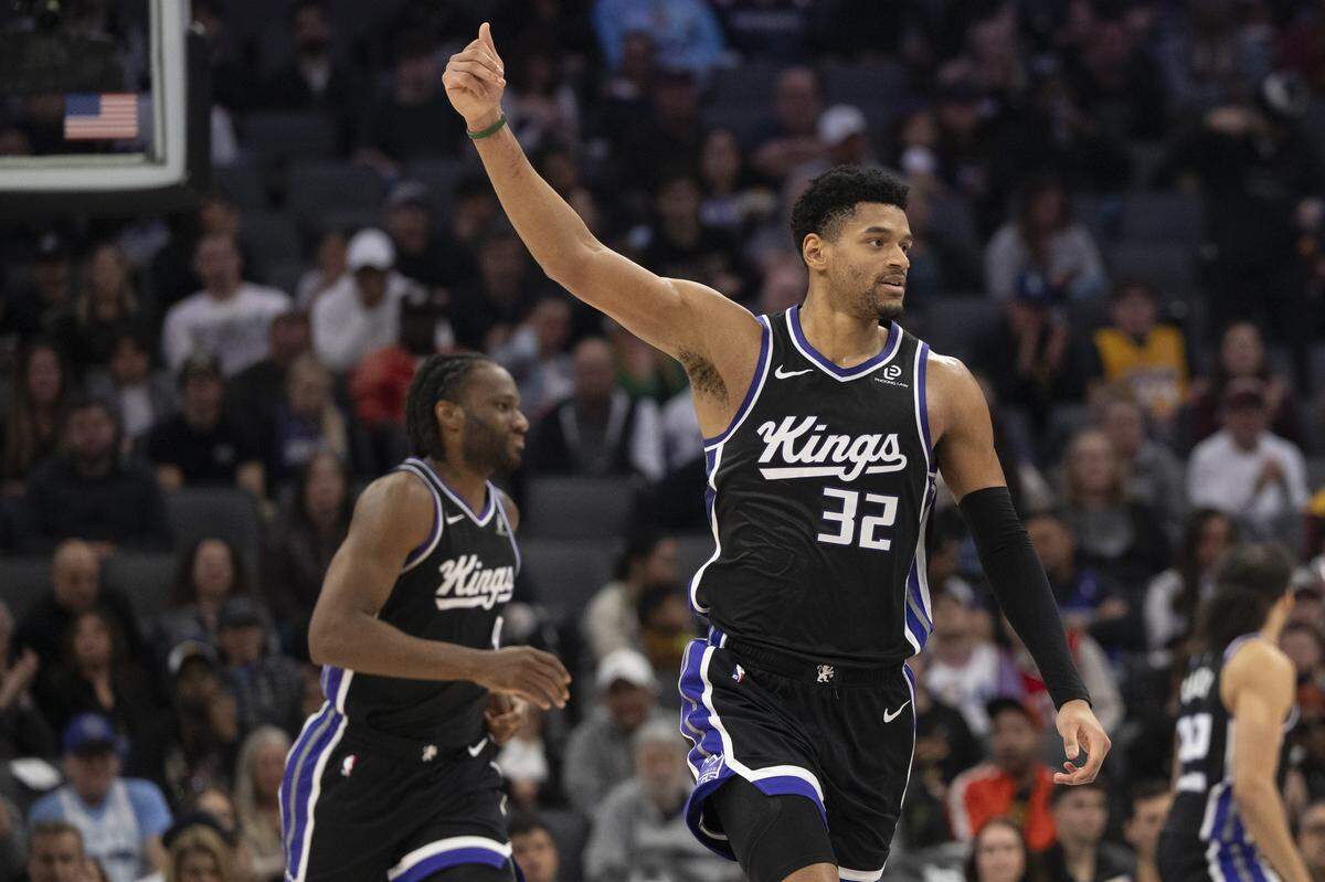 Sacramento Kings center Dylan Cardwell (32) reacts during a game at Golden 1 Center in Sacramento on Saturday, Feb. 7, 2026.