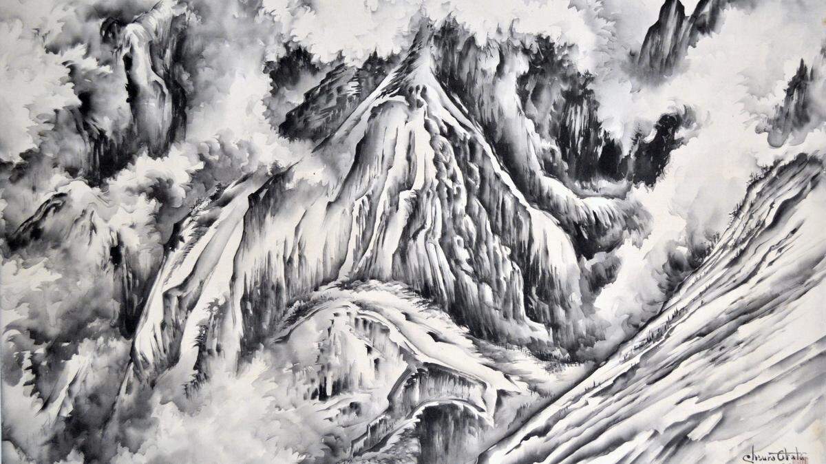 Chiura Obata. A Snow Storm Nearing Yosemite Park Government Center, 1939. Sumi on silk, 20 7/8 x 32 5/8 in. Private collection.