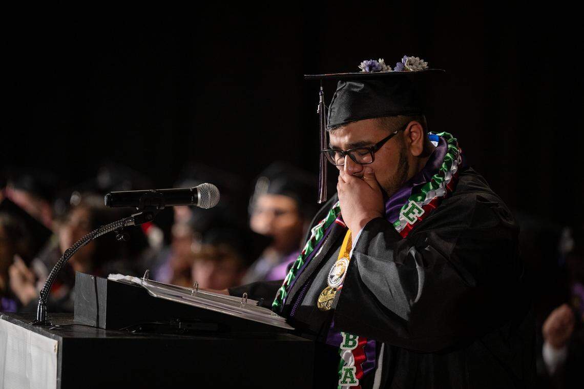 Sacramento New Technology valedictorian Estaban Ramos breaks down in tears as he thanks his family for their support at the graduation ceremony at Burbank High School on Friday.