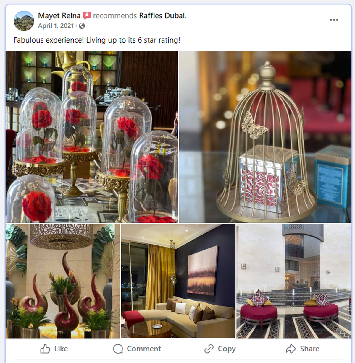 An April 2021 post from the Facebook post of Mayet Reina, wife of former Capital Public Radio executive Jun Reina, shows their hotel accommodations at the Raffles Dubai hotel.