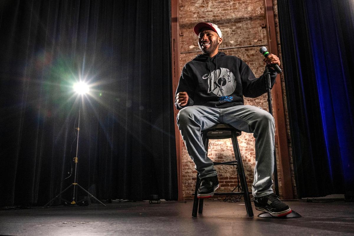 Sacramento native Mars Parker sits on stage at the Guild Theatre in Oak Park on Tuesday. After a long journey, Parker will debut his comedy special on Amazon Prime, premiering Thursday at midnight.