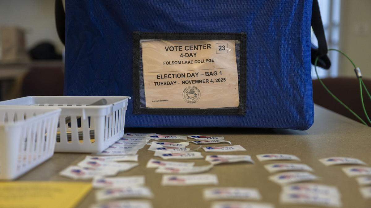 A ballot bag during voting on Proposition 50 at Folsom Lake College on Tuesday, Nov. 4, 2025.