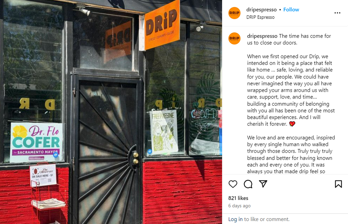 Screenshot of DRiP Espresso’s announcement of their closure on Instagram. The midtown Sacramento coffee shop recently celebrated its second anniversary.
