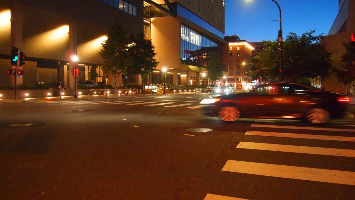 A car takes a left from 6th Street onto J Street on June 12, 2025. Kaleb Green, a young man from Tulare, was killed at this intersection on June 1 by a driver that fled the scene. 