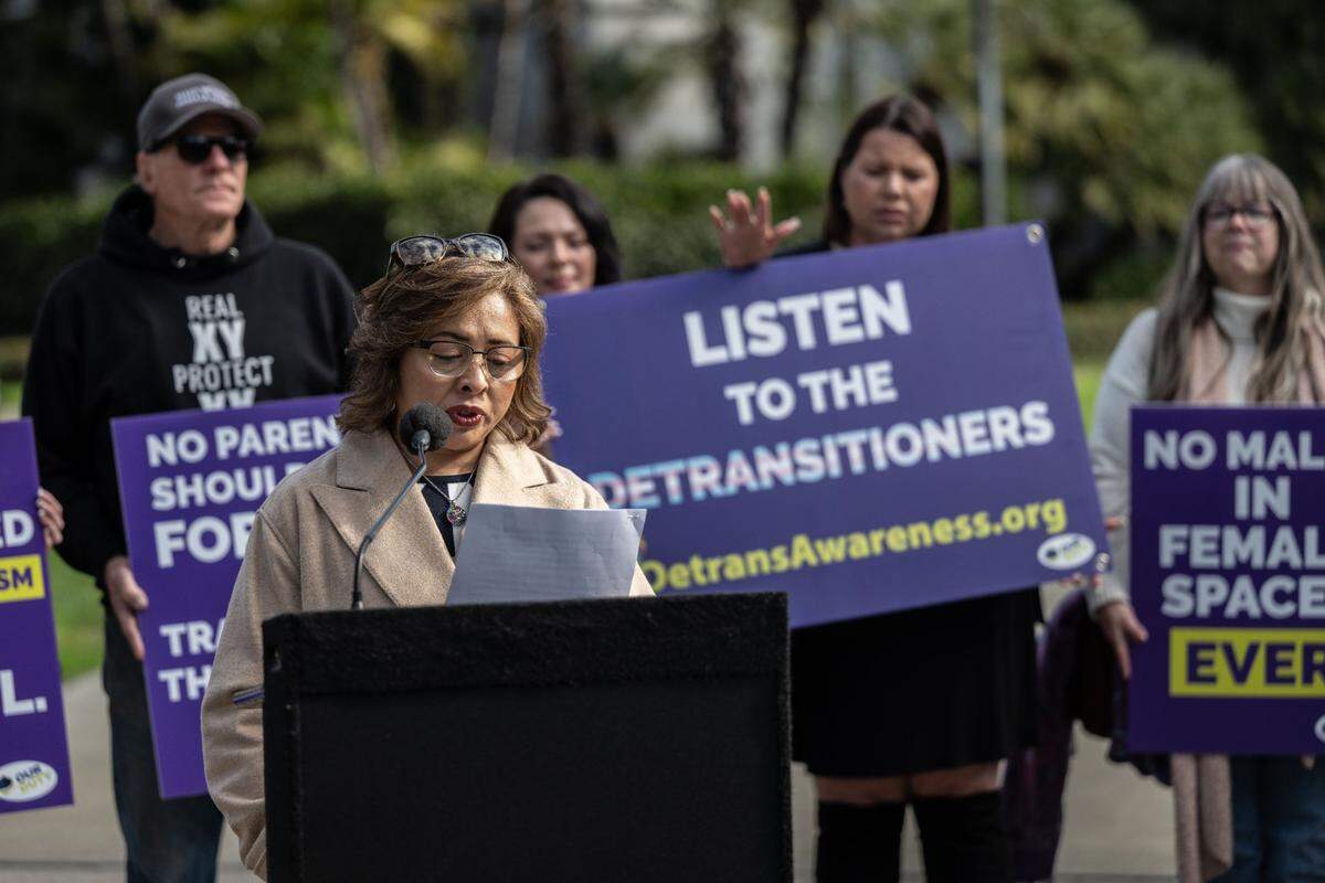 Abigail Martinez, a mother who lost custody of her 16-year-old daughter, tells her story as anti-transgender activists and California Republican lawmakers on Friday, Feb. 14, 2025, announced three new bills related to transgender issues.