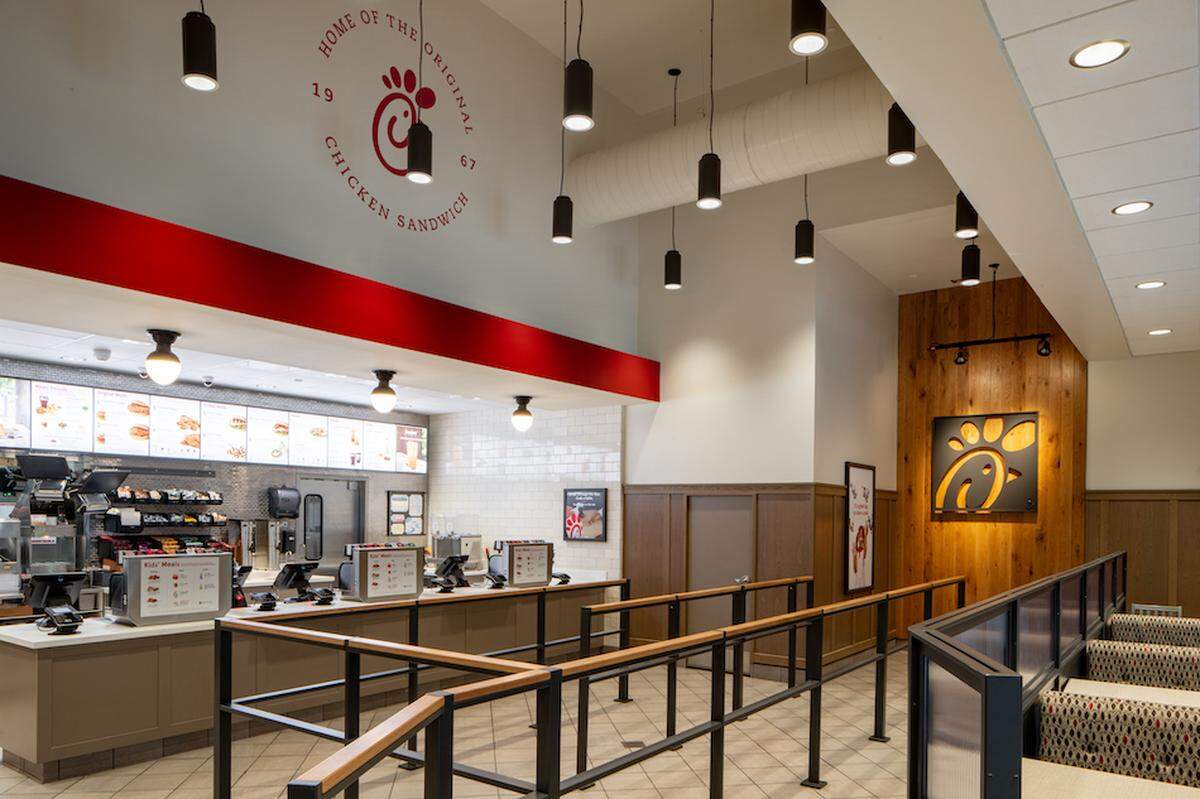 The interior of a Chick-fil-A fast food restaurant. 
