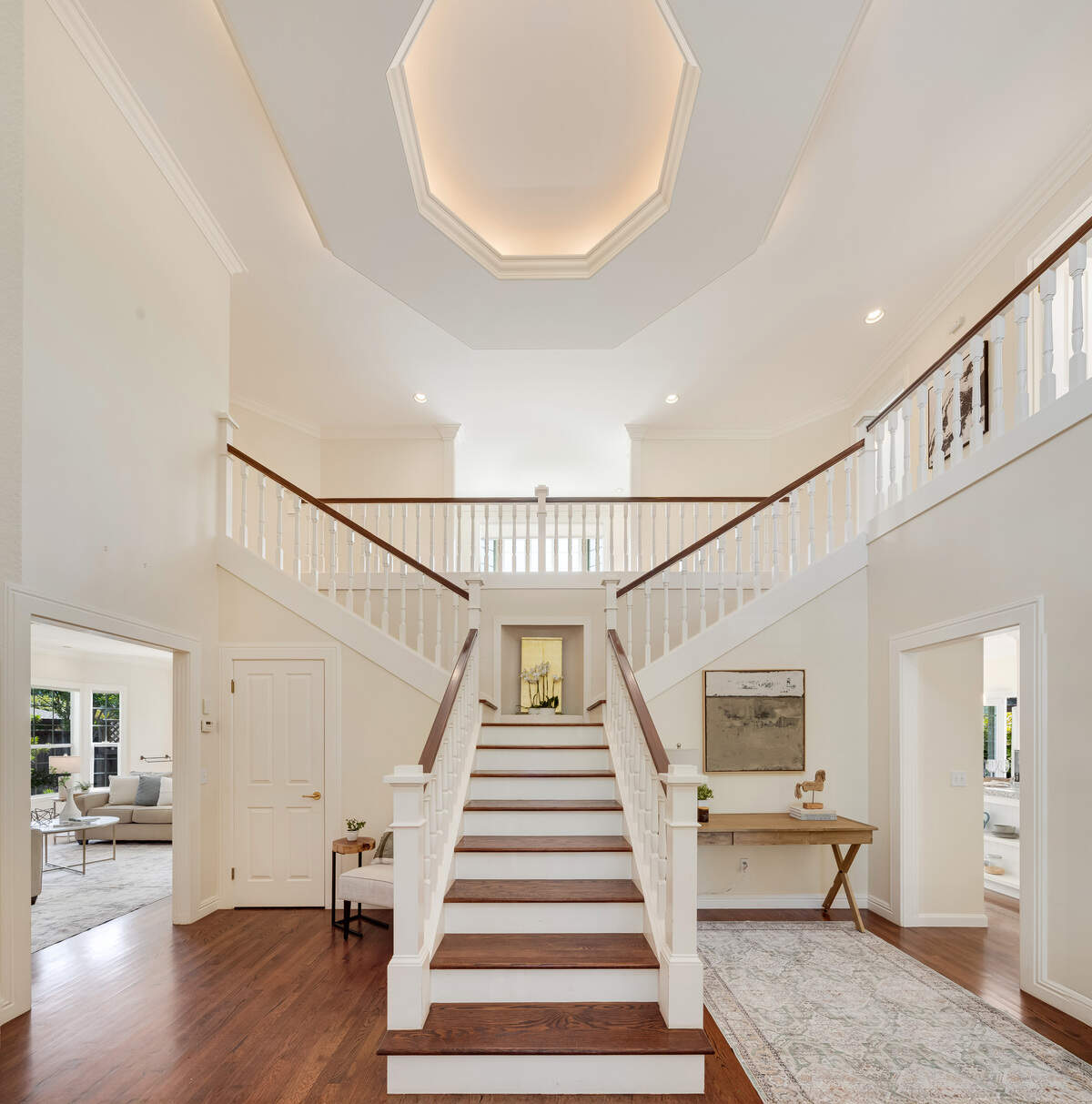 A split staircase in the Sonoma, California, home, off the entryway, leads your eyes upward.