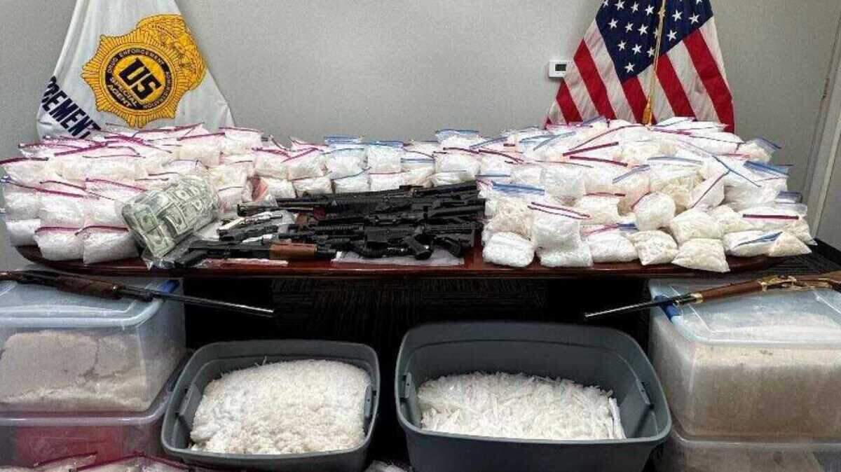 Investigators seized nearly 1,000 pounds of crystal methamphetamine headed to Sacramento County, 4,000 pounds of liquid meth still being processed in clandestine labs, 14 firearms and $50,000 in cash after serving search warrants on May 17, 2023, in Tulare County, California.
