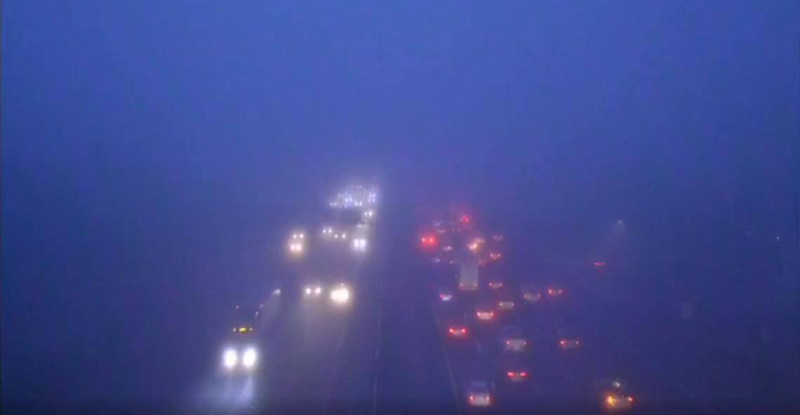 Foggy conditions with some traffic backup as seen on Interstate 5 at West El Camino Avenue shortly before 7 a.m. Friday, Jan. 10, 2020.